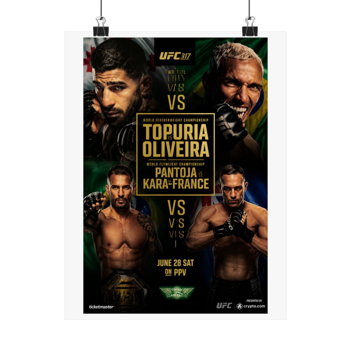 A framed UFC 317 poster showcasing two title fights. The poster features images of four fighters, with the names Topuria, Oliveira, Pantoja, and Kara-France. The text "June 28 Sat on PPV" is also... - alternate angle 5, merchandise