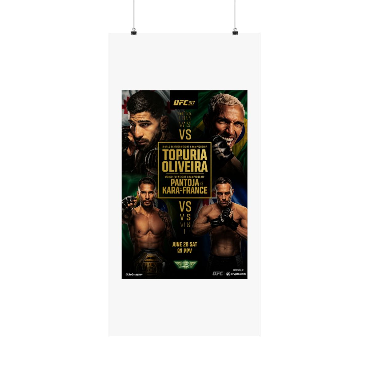 A framed UFC 317 poster showcasing two title fights. The poster features images of four fighters, with the names Topuria, Oliveira, Pantoja, and Kara-France. The text "June 28 Sat on PPV" is also... - alternate angle 1, merchandise