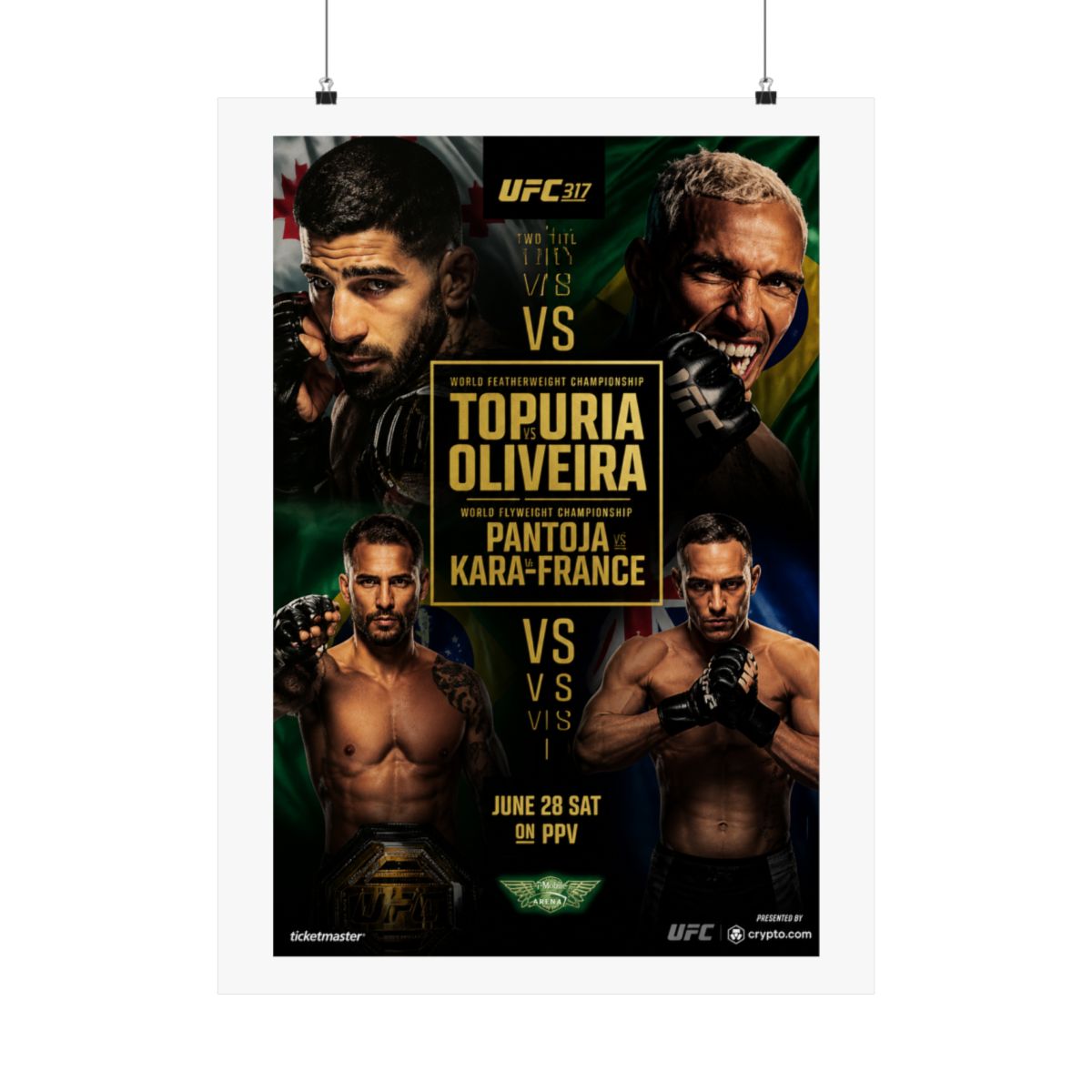 A framed UFC 317 poster showcasing two title fights. The poster features images of four fighters, with the names Topuria, Oliveira, Pantoja, and Kara-France. The text "June 28 Sat on PPV" is also... - alternate angle 2, merchandise