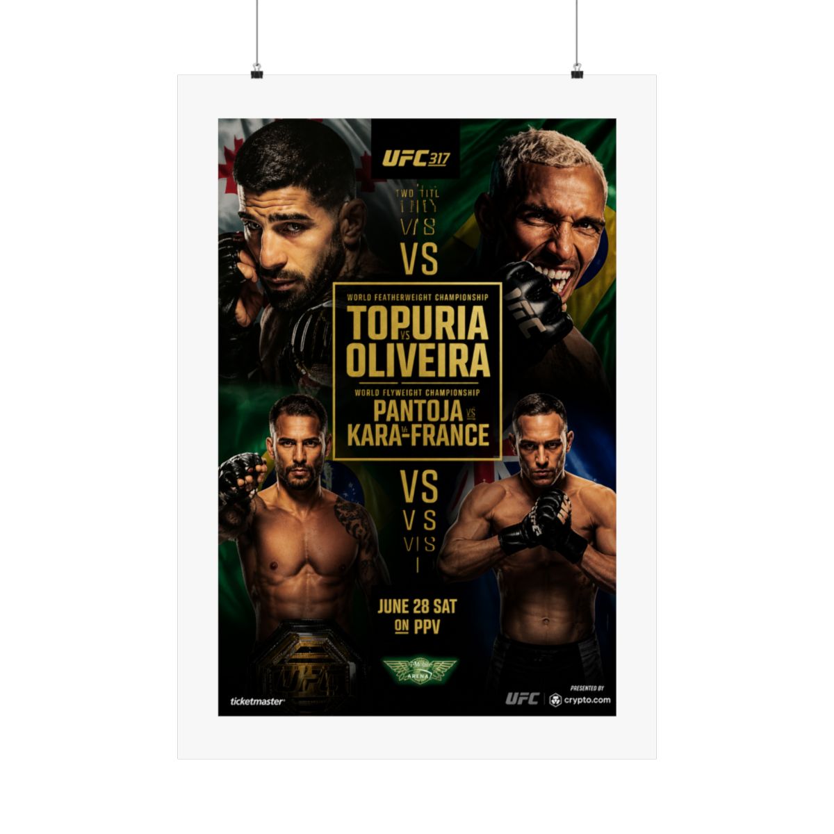 A framed UFC 317 poster showcasing two title fights. The poster features images of four fighters, with the names Topuria, Oliveira, Pantoja, and Kara-France. The text "June 28 Sat on PPV" is also... - alternate angle 5, merchandise