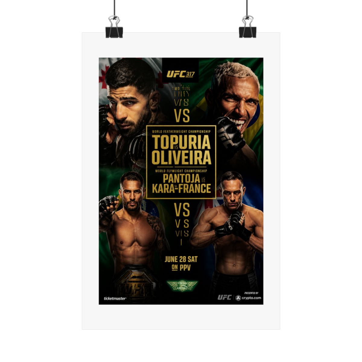 A framed UFC 317 poster showcasing two title fights. The poster features images of four fighters, with the names Topuria, Oliveira, Pantoja, and Kara-France. The text "June 28 Sat on PPV" is also... - alternate angle 2, merchandise