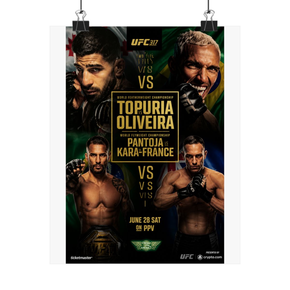 A framed UFC 317 poster showcasing two title fights. The poster features images of four fighters, with the names Topuria, Oliveira, Pantoja, and Kara-France. The text "June 28 Sat on PPV" is also... - Official Posters & Wall Art merchandise