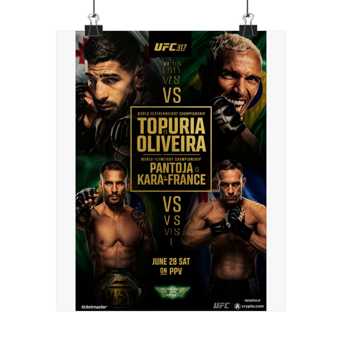 A framed UFC 317 poster showcasing two title fights. The poster features images of four fighters, with the names Topuria, Oliveira, Pantoja, and Kara-France. The text "June 28 Sat on PPV" is also... - alternate angle 4, merchandise